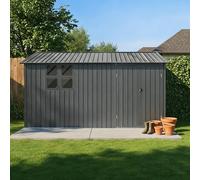 Abri de jardin en métal 10,34 m² avec table et étagères - Abri de jardin galvanisé 375 x 308 x 205 cm, toit pointu, porte battante avec serrure, fenêtre, établi pliable, abri de jardin résistant aux
