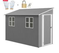 Abri de jardin en métal - 291x110.8x188.6 cm avec toit en pente et porte coulissante abri à outils avec 2 fenêtres (Gris)