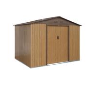 Abri de jardin en métal - FERRAIN 5.29m² couleur chêne - Cabane à outils avec deux grandes portes coulissantes. kit de fixation