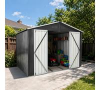 Abri de Jardin Métal 10x8 Noir, Toit Pointu, Cadre Sol, Portes Doubles | Acier galvanisé + 2 aérations : humidité et rouille limitées, outils au sec. 4 colis, notice incluse.