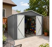 Abri de Jardin Métal 10x8, Toit Pointu, Cadre Sol, Portes Doubles, 7,46 m² | Acier galvanisé + 2 aérations : humidité et rouille limitées, outils au sec. 4 colis, notice incluse.