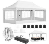 Abri de jardin pliant 3x6m - Imperméable, Anti-UV - Gazebo avec 4 côtés, Sacs de poids, Sac de transport, Cadre acier, Fenêtres, Poteaux réglables - Blanc