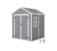 Outsunny Abri de Jardin en résine 2,7 m² avec Plancher Structure en Aluminium 182 x 151 x 219 cm, cabane de Jardin cabanon Rangement Outils Portes avec Serrure et clés 3 fenêtre, Gris