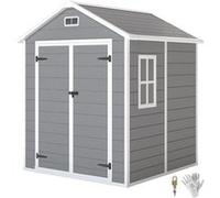 Outsunny Abri de Jardin en résine 2,7 m² avec Plancher Structure en Aluminium 182 x 151 x 219 cm, cabane de Jardin cabanon Rangement Outils Portes avec Serrure et clés 3 fenêtre, Gris