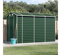 Abri de jardin vert 191 x 300 x 198 cm en acier galvanisé | Abri métallique en acier zingué, 4 ouvertures d'aération, toit incliné, avec poignées, pour bois de chauffage et outils de