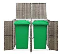 Abri Poubelle Double Gris 140x80x117 cm Résine Tressée | Avec Serrure Et Roulettes, Cadre Acier, Couvercle Ouvrant, Porte Avant
