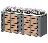 Abri pour poubelles - 4 compartiments et espace pour plantes - en acier galvanisé, verrouillable - aération en forme de losange