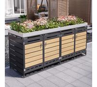 Abri pour poubelles avec jardinière - 4 compartiments et aspect bois - verrouillable et aération par fentes