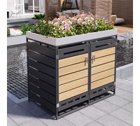 Abri pour poubelles avec jardinière - aspect bois - verrouillable, avec lattes horizontales en bois - aération par trous oblongs