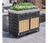 Abri pour poubelles avec jardinière, finition bois vertical, verrouillable, noir, 131 x 79 x 120 cm