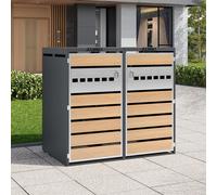 Abri pour poubelles de 240 litres, pour 2 poubelles, en acier galvanisé, avec ressort à gaz et serrure, aspect bois, gris anthracite
