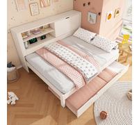 Abrihome Canapé-lit 140×190 cm avec lit gigogne, lit enfant en bois avec compartiment de rangement, sommier à lattes et port USB, blanc