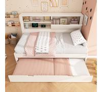 Abrihome Canapé-lit 90×190 cm avec lit gigogne, lit enfant en bois avec compartiment de rangement, sommier à lattes et port USB, blanc