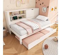 Abrihome Canapé-lit 90×200 cm avec lit gigogne, lit enfant en bois avec compartiment de rangement, sommier à lattes et port USB, blanc