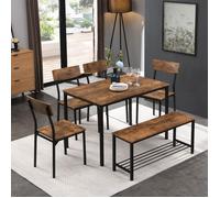 Abrihome Ensemble Table à Manger 110x70x75 cm avec 4 Chaises et 1 Banc - Cadre en Acier Noir - Pour 6 Personnes - Marron Foncé