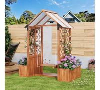 Abrihome Jardinière avec treillis pour aider à grimper, jardinière en bois avec toit solaire et balançoire d'extérieur, brun