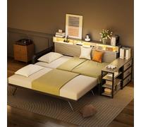Abrihome Lit bébé 90 x 200 cm avec lit gigogne, canapé-lit métallique avec LED, 3 tiroirs et port USB, noir