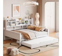 Abrihome Lit d'enfant 140x200cm avec lit gigogne, canapé-lit en bois avec compartiments de rangement et sommier à lattes, blanc