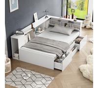 Abrihome Lit d'enfant 90 x 200 cm avec tiroirs, bibliothèque et armoire de rangement, sommier avec espace de rangement, lit simple, blanc