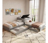 Abrihome Lit d'enfant 90x200 cm Lit d'angle capitonné en lin, 2 lits simples avec lit gigogne et tiroir de rangement, Gris(Sans matelas)