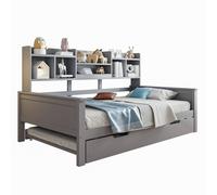 Abrihome Lit d'enfant 90x200cm avec lit gigogne, canapé-lit en bois avec compartiments de rangement et sommier à lattes, gris