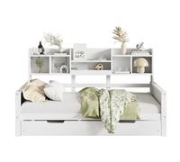 Abrihome Lit d'enfant 90x200cm avec lit gigogne, canapé-lit en bois avec compartiments de rangement et sommier à lattes, blanc