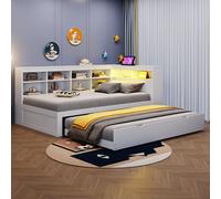 Abrihome Lit d'enfant 90x200cm lit gigogne avec compartiments de rangement et étagère, canapé-lit lit en bois avec prise USB et lumière LED, blanc