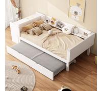 Abrihome lit d'enfant en bois lit plat-90x200cm avec lit extensible, bureau et étagères sur le côté du lit, blanc