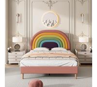 Abrihome lit d'enfant lit capitonné 140x200cm lit double avec sommier à lattes et tête de lit arc-en-ciel, velours-rose
