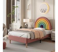 Abrihome lit d'enfant lit rembourré 90x200cm avec sommier à lattes et tête de lit arc-en-ciel, velours - rose