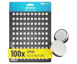 ABSINA 100x Pile LR1130 AG10 LR54-1,5V Alcaline étanche & Longue durée - V10GA / RW49 / G10A / 189 / GP189 / L1130 / 89A - Pile LR54 Pile Bouton, Pile L1131C, Pile L1131, Piles LR54, Piles AG10