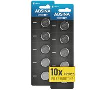 ABSINA 10x Pile CR2032 3V Lithium - Piles 2032 Lithium 3V Longue durée & étanches - Piles CR2032 pour clés de Voiture etc. - Pile CR 2032 Pile Bouton