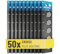 ABSINA 50x Pile CR2032 3V Lithium - Piles 2032 Lithium 3V Longue durée & étanches - Piles CR2032 pour clés de Voiture etc. - Pile CR 2032 Pile Bouton