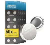 ABSINA 50x Piles Bouton AG12 LR43 - Pile LR43 alcalines 1,5V Anti-fuites et Longue durée de Vie - LR 43/186 / LR1142 / L1142 / V12GA / GPA76 / RW84 - Pile Bouton LR43