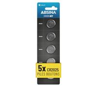 ABSINA 5X Pile CR2025 3V Lithium - Pile 2025 étanche & Longue durée - Pile Bouton CR 2025, Pile Plate CR2025, Piles 2025, Pile Bouton 2025, Piles 2025 Lithium 3V Longue durée, Piles CR 2025