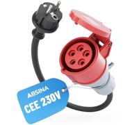 ABSINA Adaptateur prise Schuko vers coupleur CEE 16A | Schuko vers CEE comme accessoire voiture électrique - CEE 16A 5 pôles avec câble 60 cm & protection IP44