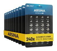 ABSINA Assortiment Pile Bouton Alcalines & Lithium - 1,5V & 3V étanches | Lot de 240 - 20x AG1 LR621, AG3 LR41, CR2016, CR2025 / 40x AG4 LR66, AG10 LR1130, AG13 LR44, CR2032