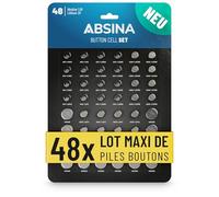 ABSINA Assortiment Pile Bouton Alcalines & Lithium - 1,5V & 3V étanches | Lot de 48 - 4x AG1 LR621, AG3 LR41, CR2016, CR2025 / 8x AG4 LR66, AG10 LR1130, AG13 LR44, CR2032
