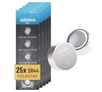 ABSINA Lot de 25 Piles Bouton SR44 1,55 V oxyde d’Argent | Pile SR44 anti-fuite longue durée - Pour montres, calculatrices, appareils de mesure et plus