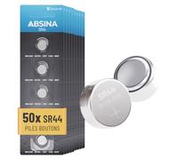 ABSINA Lot de 50 Piles Bouton SR44 1,55 V oxyde d’Argent | Pile SR44 anti-fuite longue durée - Pour montres, calculatrices, appareils de mesure et plus