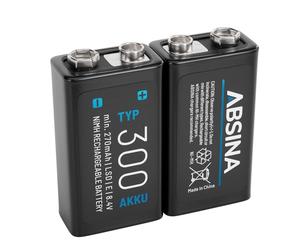 ABSINA Pile 9V Rechargeable 300 à Faible Auto-Décharge | Lot de 2 - Piles NiMH avec 8,4V & au minimum 270mAh - Batterie 9V rechargeable - Pile rectangulaire 6F22