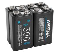 ABSINA Pile 9V Rechargeable 300 à Faible Auto-Décharge | Lot de 4 - Piles 9V NiMH avec 8,4V & au minimum 270mAh - Batterie rechargeable 6F22 - Pile rectangulaire