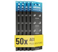 ABSINA Pile AG1 LR621-1,5V Alcaline étanche avec Longue durée | Lot de 50 - LR60 / SR60 / 1175S0 / 164/602 / 364 / V30 / SR621 / SR621SW - Pile Bouton AG1 - Piles LR621 pour Montre