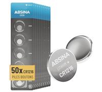 ABSINA Pile Bouton CR1216 Lithium 3 V - Batterie CR 1216 | Lot de 50 piles CR 1216 anti-fuite longue durée - Pour clés de voiture et plus