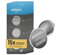 ABSINA Pile Bouton CR3032 Lithium 3 V - Batterie CR 3032 | Lot de 15 piles bouton CR 3032 anti-fuite longue durée - Pour capteur, appareil de mesure et plus