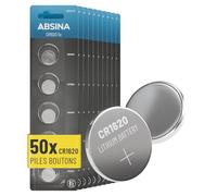 ABSINA Pile CR1620 Bouton 3V | Lot de 50 - CR1620 pile lithium 3V anti-fuite & longue durée - clef voiture, telecommande, bouton, petite plate