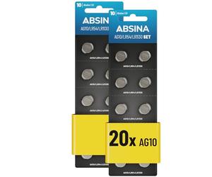 ABSINA Pile LR1130 AG10 LR54-1,5V Alcaline étanche & Longue durée | Lot de 20 - V10GA / RW49 / G10A / 189 / GP189 / L1130 / 89A - Pile LR54 bouton, L1131C, L1131, piles, AG10