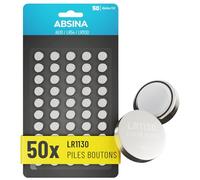 ABSINA Pile LR1130 AG10 LR54-1,5V Alcaline étanche & Longue durée | Lot de 50 - V10GA / RW49 / G10A / 189 / GP189 / L1130 / 89A - Pile LR54 bouton, L1131C, L1131, piles, AG10