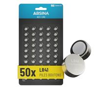 ABSINA Pile LR41 AG3-1,5V Alcaline étanche avec Longue durée | Lot de 50 - LR736 / L736 / G3 / G3A / 3GA / 192 / GP192 / V3GA / RW87 - Piles LR41, pile bouton, pour thermometre, LR 41