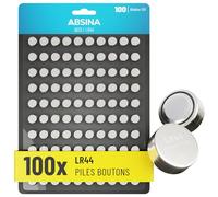 ABSINA Pile LR44 AG13-1,5V Alcaline étanche & Longue durée | Lot de 100 LR1154 / L1154 / L1154F / G13 / G13A / 13GA / 157 / V13GA / PX76A / RW82 Piles lr44 pile bouton, AG13, A76, LR 44